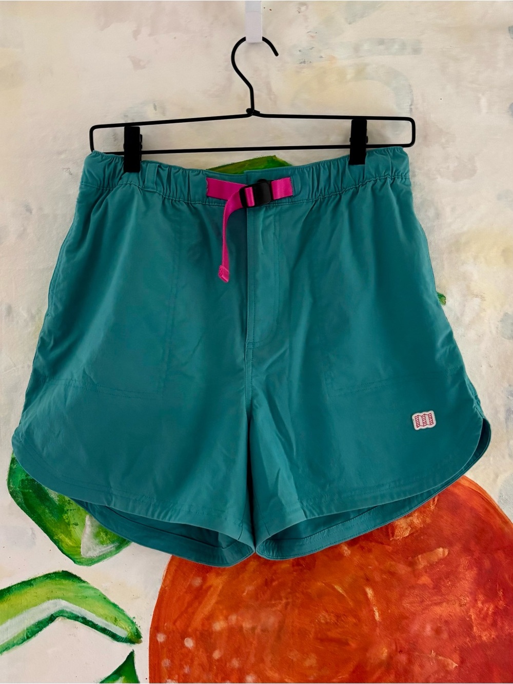 Topo Designs Teal Athletic Shorts with Pink Drawstring